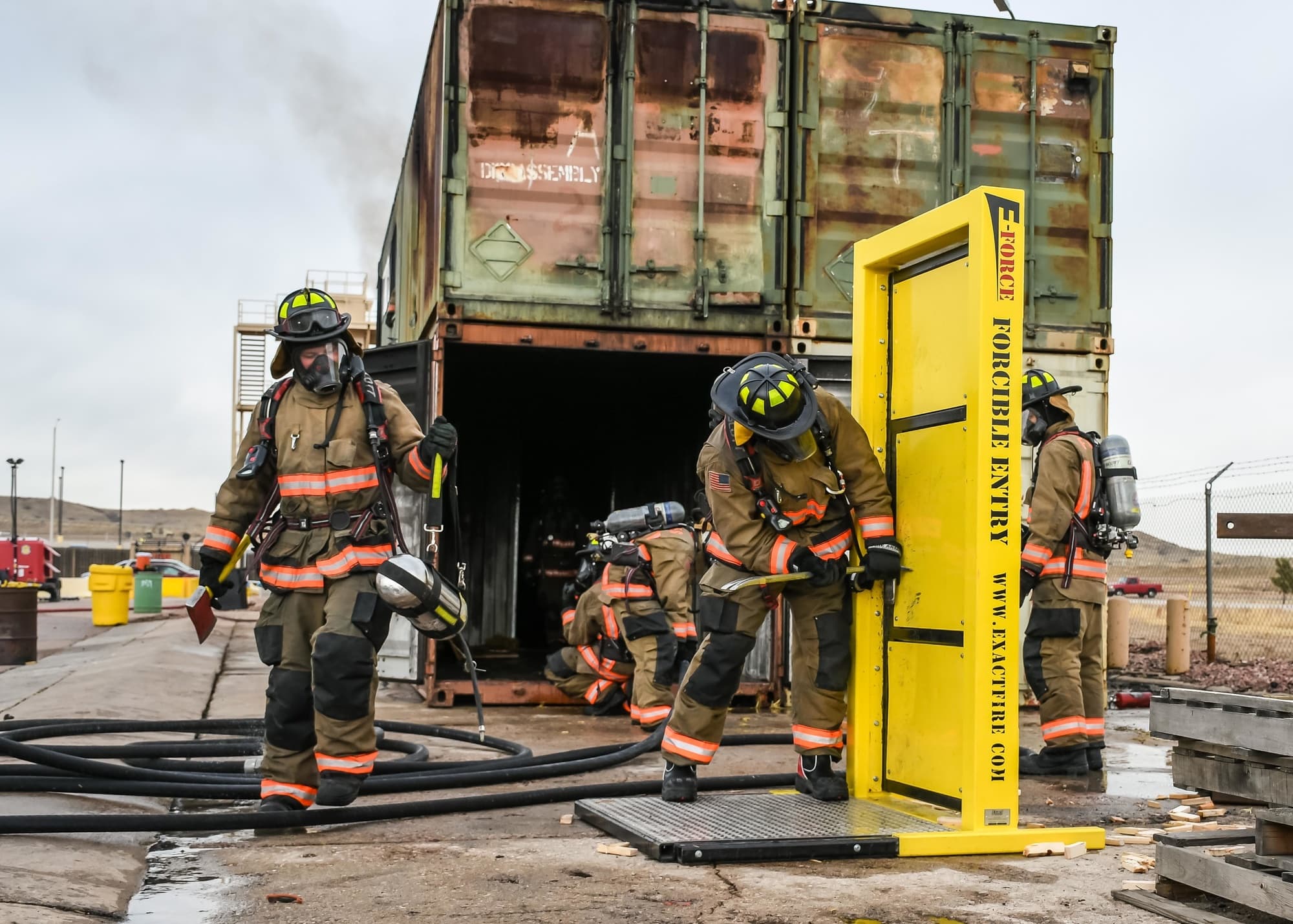 U.S. firefighter recruits training during a public-safety academy exercise